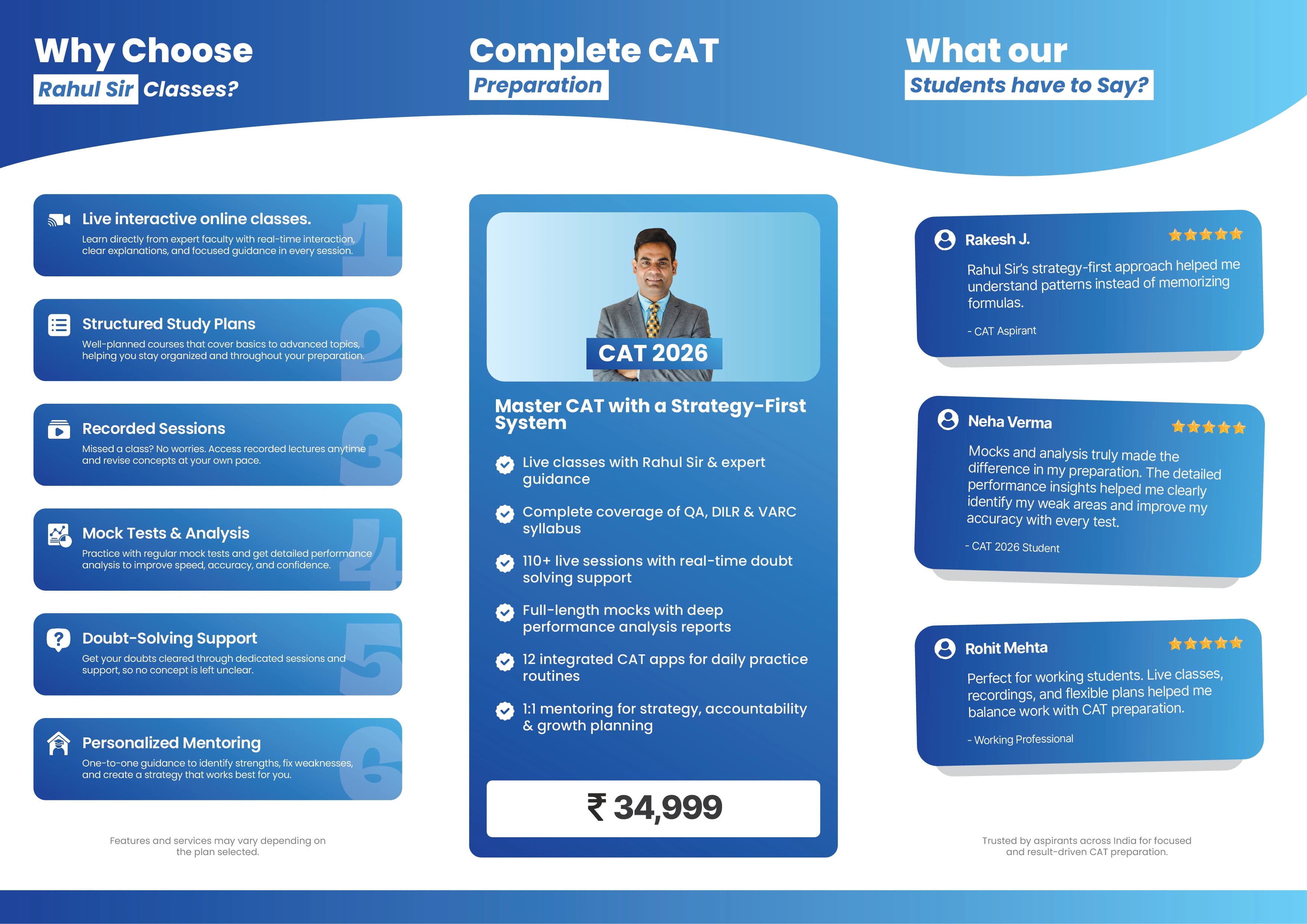 Rahul Sir Classes brochure inside panels 2, 3 and 4 — Features, Main Offer, Testimonials