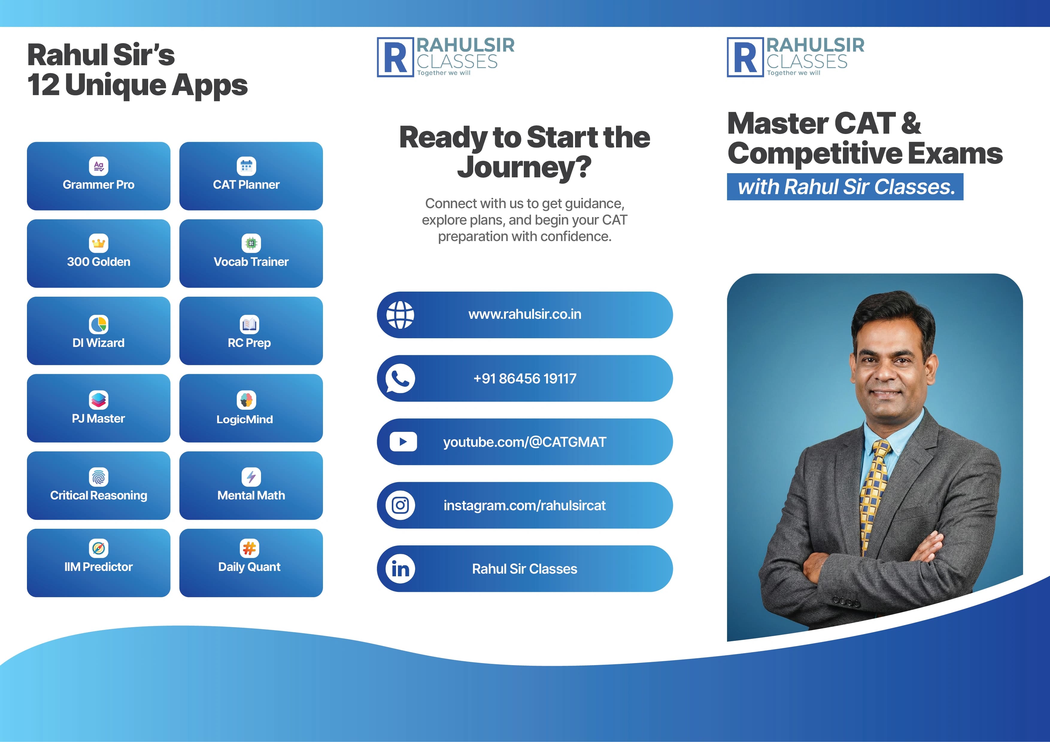 Rahul Sir Classes brochure outside panels 1, 5 and 6 — Front Cover, Apps, CTA