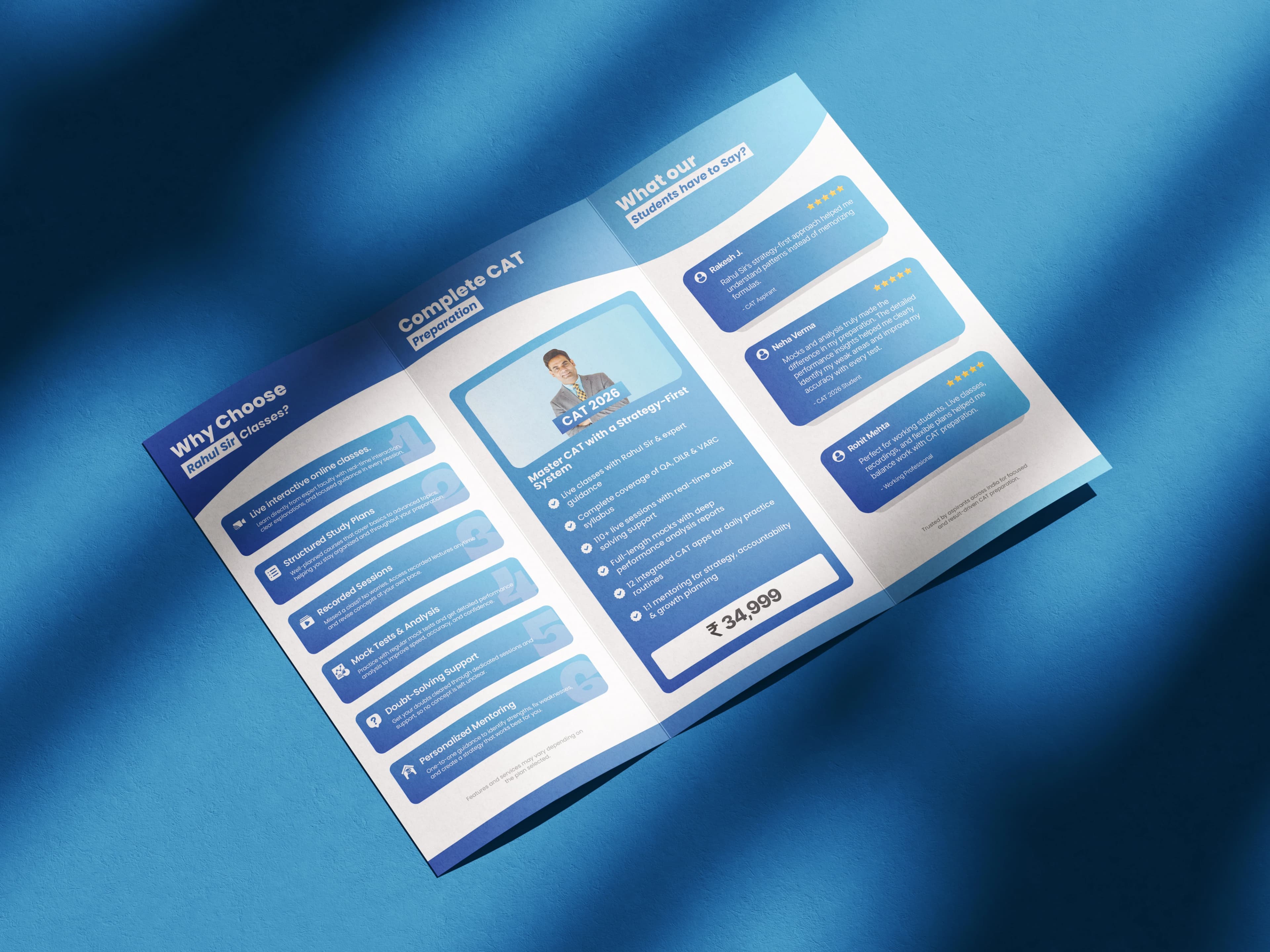 Rahul Sir Classes brochure inside view mockup