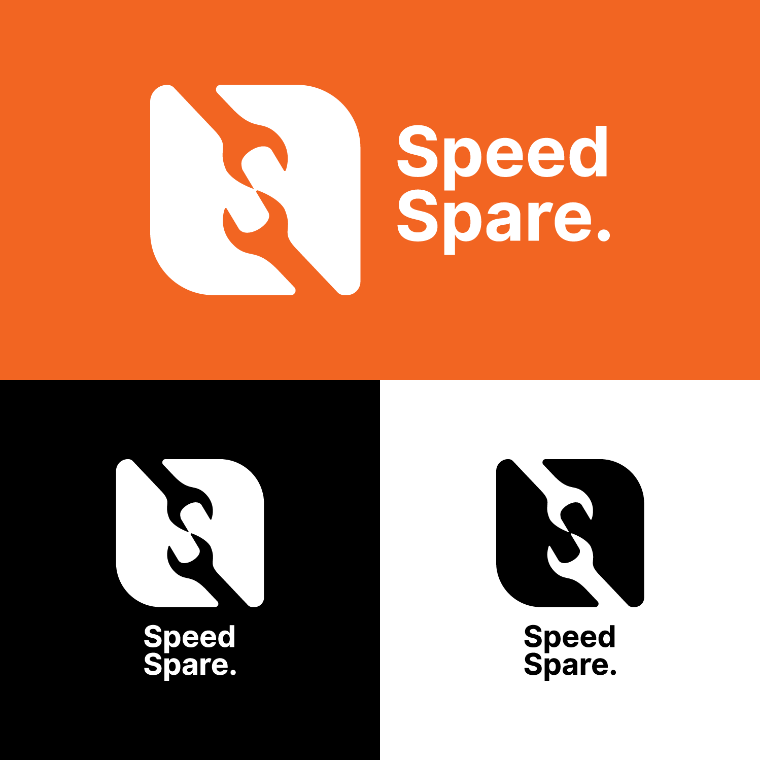 Speed Spare logo on orange, black and white backgrounds